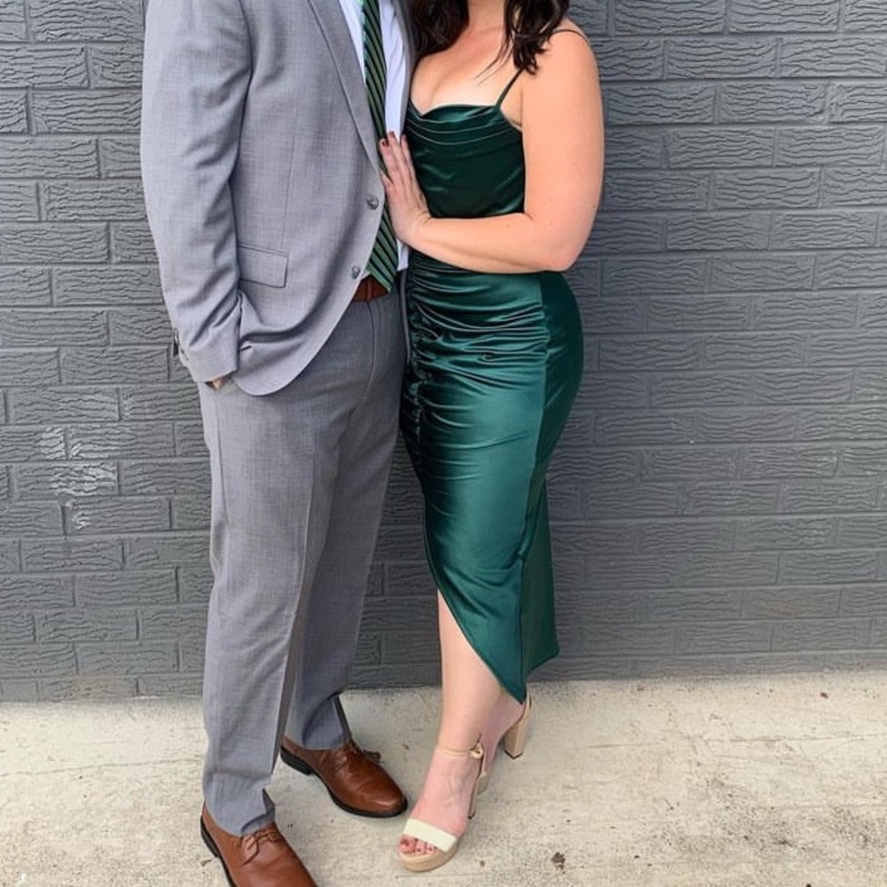 Windsor Green Dress with front slit - bre formal satin ruched midi dress